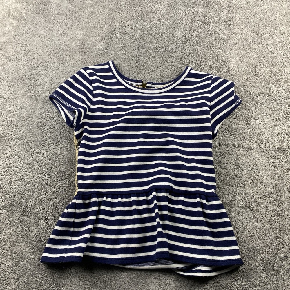 Rachel Roy Womens Peplum Top White Navy Striped Short Sleeve Back Zipper Lace XS